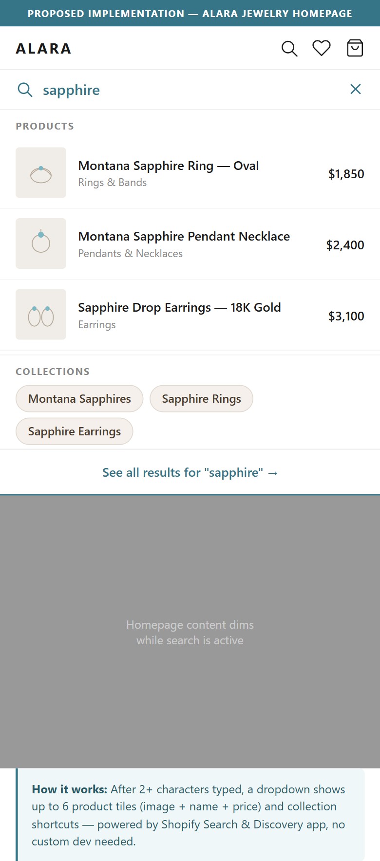Proposed Implementation - Alara Jewelry Homepage