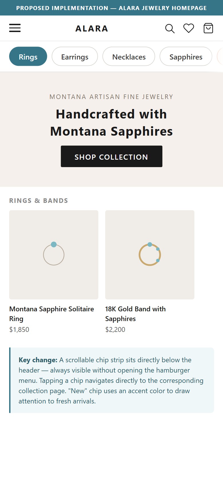 Proposed Implementation - Alara Jewelry Homepage