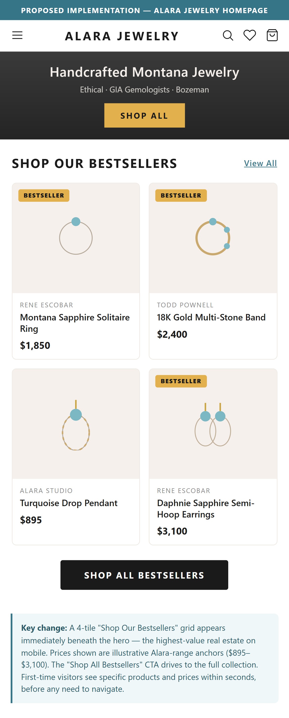 Proposed Implementation — Alara Jewelry Homepage